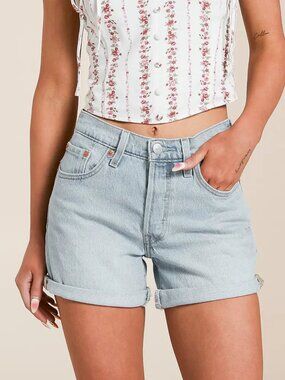 LEVI'S 501 Rolled Stretch Shortie Shorts Relaxed Mid-rise Chameleon Lt Blue 32